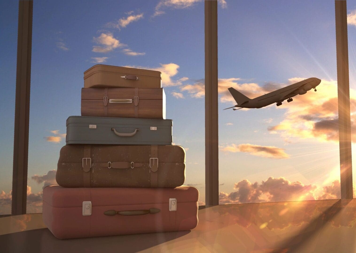 A pile of luggage sitting on top of the ground.