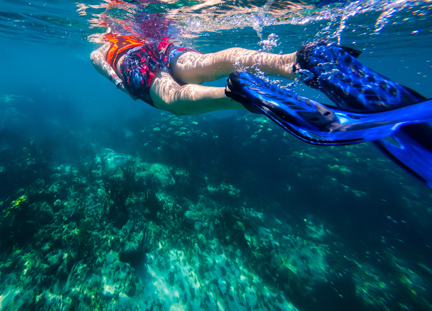 A person swimming underwater with flippers