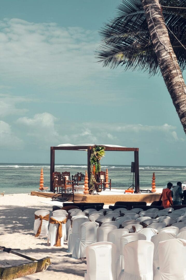 A beach with people sitting on the sand and palm trees