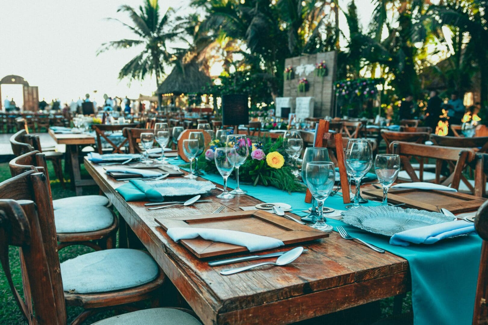 A table set with plates and silverware on top of it.